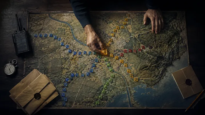 Vue plongeante sur une table de situation : une carte topographique semée de pions de couleur le long des axes et des cours d’eau, qu’une main déplace ; à côté, un poste radio, un chronomètre et des plis cachetés.
