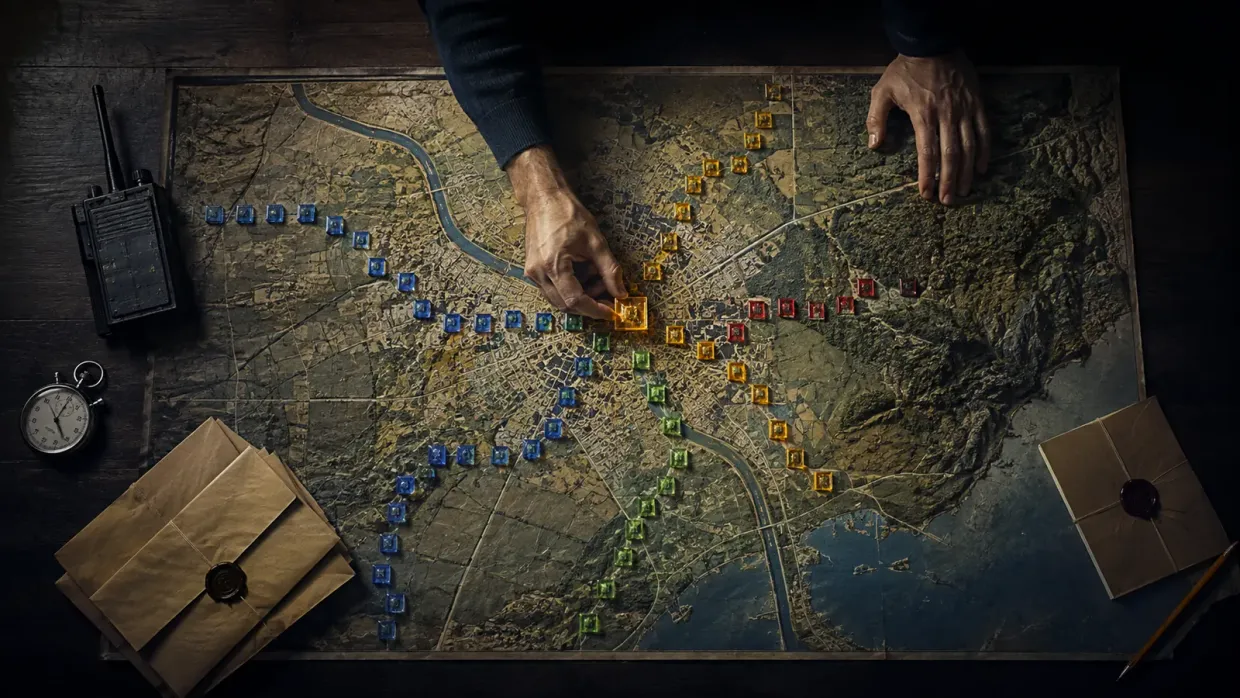 Vue plongeante sur une table de situation : une carte topographique semée de pions de couleur le long des axes et des cours d’eau, qu’une main déplace ; à côté, un poste radio, un chronomètre et des plis cachetés.