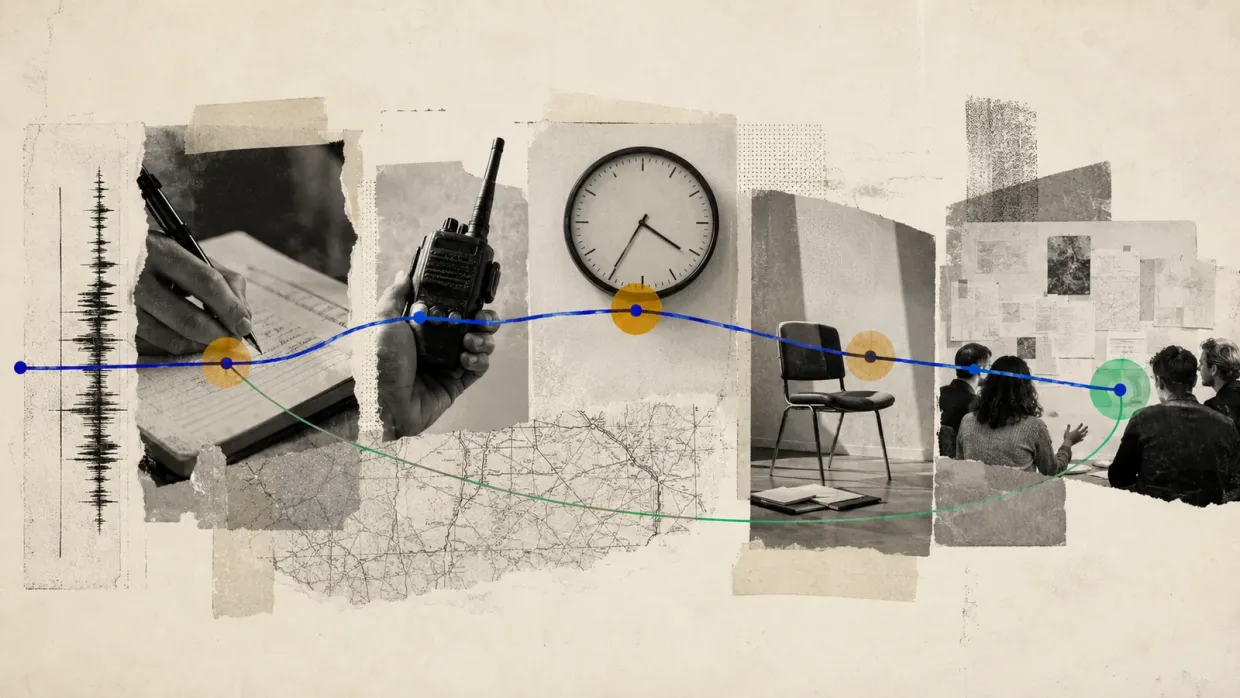 Collage documentaire : une main annote une main courante, un poste radio, une horloge murale, une chaise vide de salle de débriefing, une carte routière et un mur d’affichage devant lequel une équipe échange ; une courbe relie ces éléments en une chronologie.
