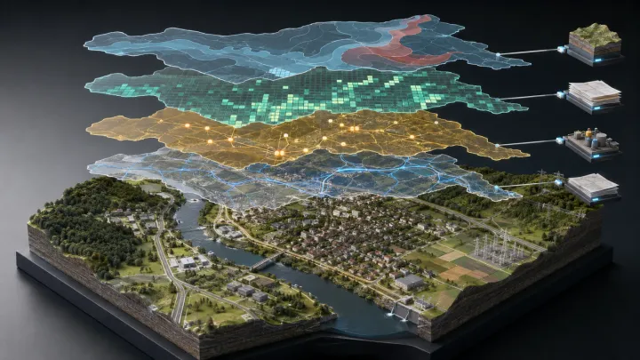 Maquette d’un territoire en relief — bourg, rivière, forêt, poste électrique — surmontée de quatre couches de données translucides superposées : zones inondables, carroyage de population, axes de circulation et réseaux, chacune reliée à sa source.
