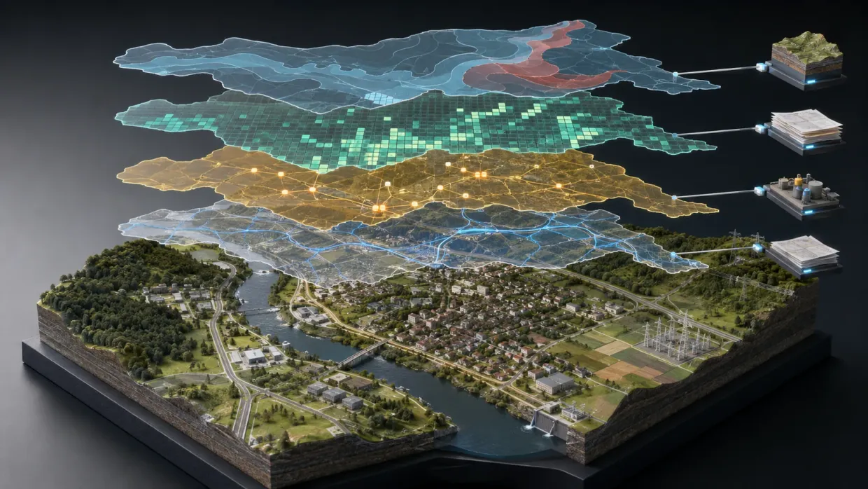 Maquette d’un territoire en relief — bourg, rivière, forêt, poste électrique — surmontée de quatre couches de données translucides superposées : zones inondables, carroyage de population, axes de circulation et réseaux, chacune reliée à sa source.