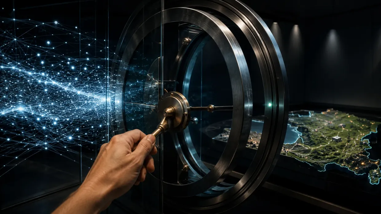 Salle sombre : une main actionne le volant d’une porte de chambre forte entrouverte ; à gauche un réseau de points de données lumineux, à droite une table cartographique éclairée montrant un territoire.
